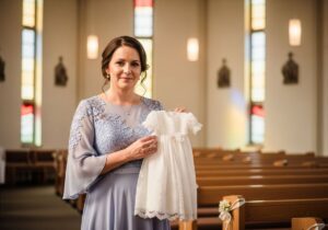 Matka chrzestna w pastelowej sukni trzyma białą sukienkę do chrztu w nowoczesnym kościele