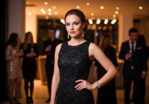 Elegancka kobieta w wieczorowej sukni na tle imprezy w nowoczesnym, stylowym wnętrzu