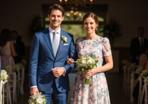 Mężczyzna w granatowym garniturze i kobieta w pastelowej sukience stoją uśmiechnięci na weselu.
