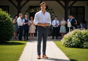 Mężczyzna w lnianej koszuli i eleganckich spodniach na letnim weselu na tle gości w półformalnych strojach