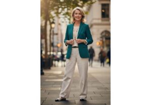 Dojrzała kobieta 50+ w stylowym stroju na ulicy miasta, naturalne światło, pełna sylwetka, pewna siebie