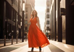 Kobieta w pomarańczowej sukni na ulicy z nowoczesną architekturą w tle, naturalne światło podkreśla kolor sukni