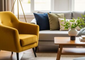 Stylowy kąt salonu z musztardowym fotelem, szarą sofą, drewnianym stolikiem i naturalnym światłem.