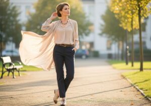Stylowa kobieta około 50 lat w beżowej bluzce i eleganckich spodniach na tle miejskiego parku.