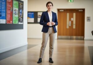 Młoda kobieta w eleganckim stroju stoi w nowoczesnym korytarzu uczelni z rozmytymi plakatami.