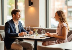 Para rozmawiająca przy stole w restauracji podczas lunchu, naturalne światło przez okna.