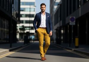 Mężczyzna w musztardowych spodniach, białej koszuli i granatowej marynarce na tle miejskiej architektury.
