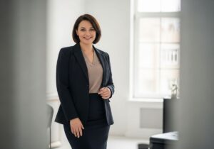 Portret pewnej siebie niskiej kobiety plus size w eleganckim dopasowanym stroju, stojącej w jasnym wnętrzu