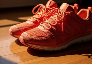 pomarańczowe buty sportowe na drewnianej podłodze oświetlone naturalnym światłem z miękkimi cieniami