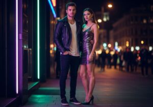 Stylowa para stoi przed klubem nocnym, oświetlona neonami, ubrana w modną odzież miejską.