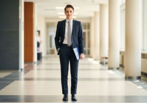 Młody student w garniturze trzyma dyplom w nowoczesnym korytarzu uczelni, rozmyte tło.
