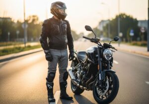Motocyklista w pełnym stroju ochronnym stoi przy nowoczesnym motocyklu na miejskiej ulicy o zmierzchu