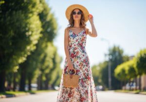 Młoda kobieta na ulicy w letniej sukience maxi i kapeluszu, trzyma plecioną torebkę, w słoneczny dzień