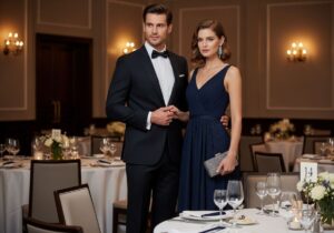 Elegancka para na bankiecie w formalnym stroju, mężczyzna w smokingu, kobieta w granatowej sukni wieczorowej