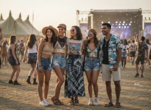 Młoda grupa przyjaciół na festiwalu muzycznym w kolorowych strojach w świetle zachodzącego słońca