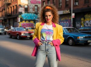Młoda kobieta w modzie lat 80. stoi na tle miejskiej ulicy z neonowym dodatkiem i graffiti.