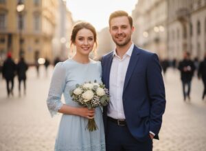 Stylowa para w eleganckim miejskim otoczeniu, kobieta w jasnej sukience, mężczyzna w granatowym garniturze
