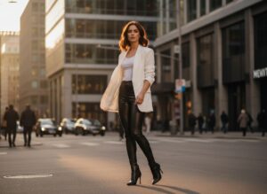 Młoda kobieta w czarnych legginsach i białej marynarce stoi na miejskiej ulicy o złotej porze dnia