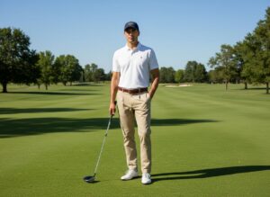 Golfista w klasycznym stroju stoi na zielonym polu golfowym, trzymając kij przy słonecznej pogodzie.